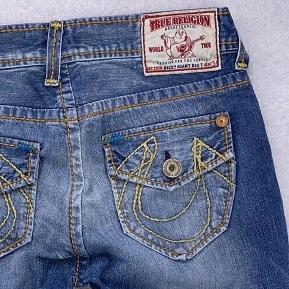 True Religion Mens Ricky Giant Big T Cut Off Jean Shorts Denim Size 30 Made USA
